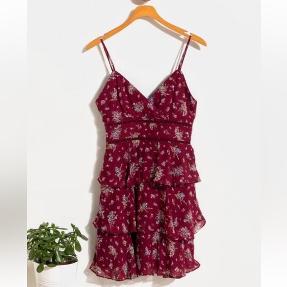 Burgundy Red Floral Print Tiered Ruffle Mini Dress - Picture 4 of 16